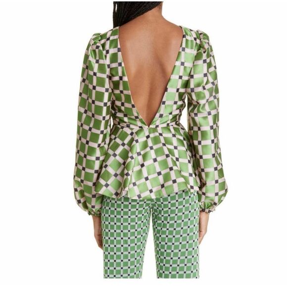 Stine Goya Gara Metallic Check Balloon Sleeve Peplum Top Green Women's Small - Picture 2 of 10